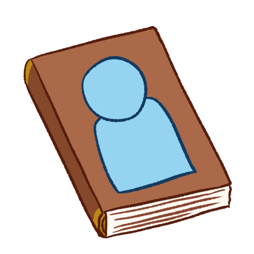 a drawing of a brown book with a featureless light blue person on the cover